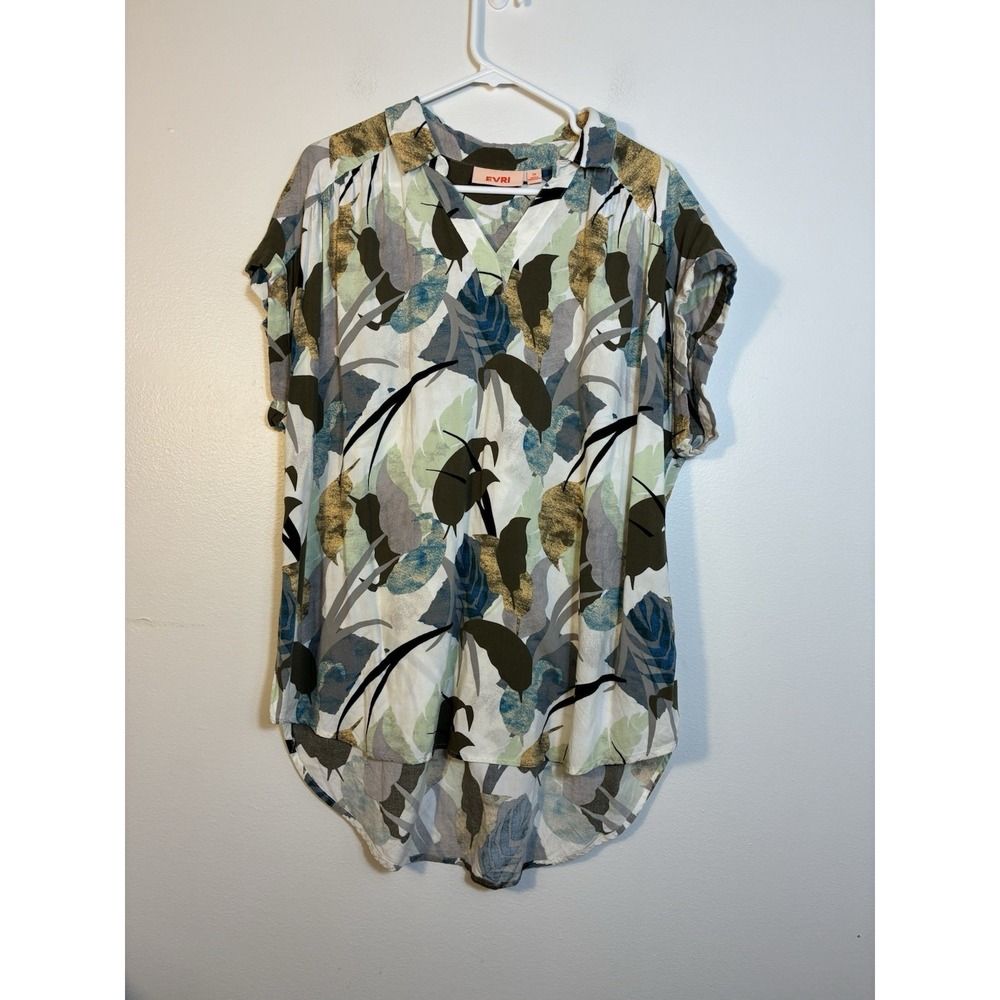 Evri Blouse Women's Sz XL‎ Short Sleeve Rayon Leaf Print Boho Casual